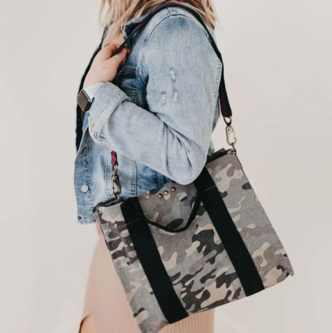 Small Grey Camo Crossbody Tote - Pink Pig